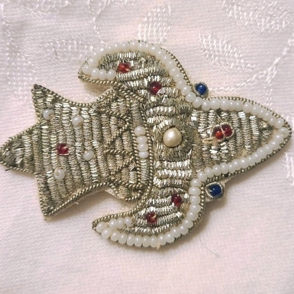 Metallic Bullion Thread and Glass Bead Vintage Fabric Backed Pin/Brooch India